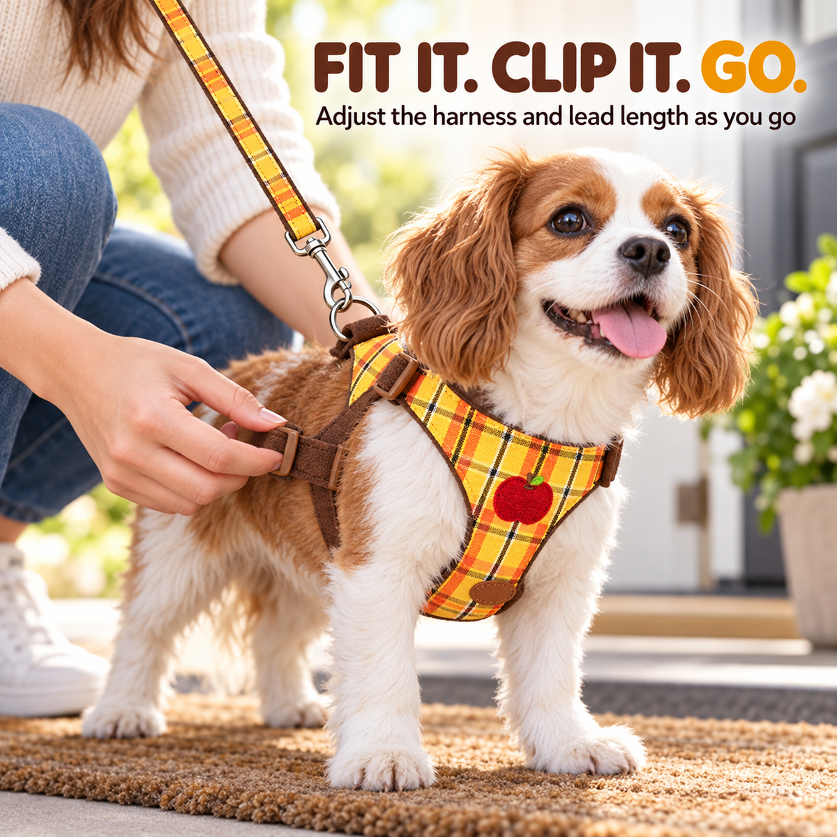 Dog wearing a plaid harness and leash