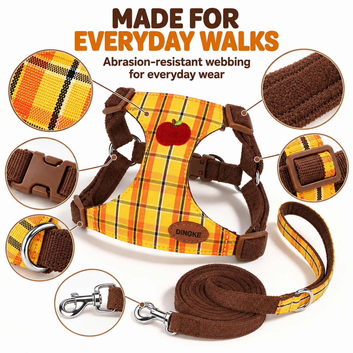 Dog harness and leash set features