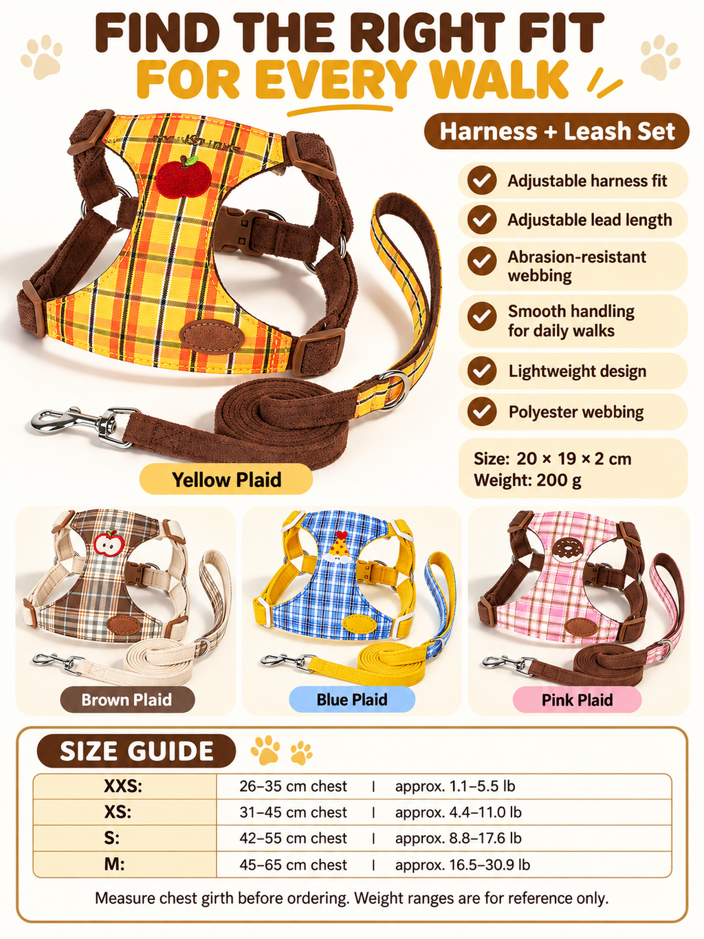 Plaid dog harness and leash set size guide