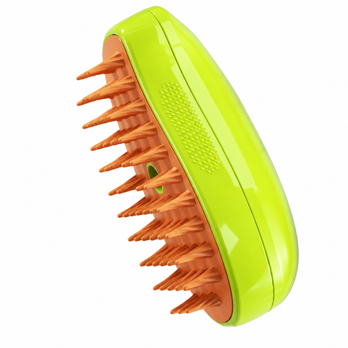 Green mango style pet grooming brush with orange silicone bristles