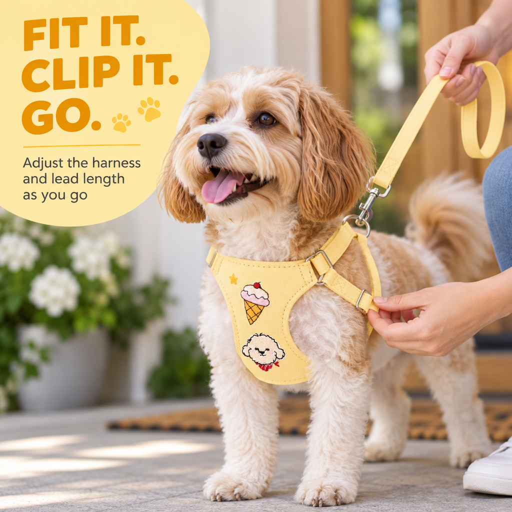 Paweno adjustable dog harness and leash set in use on a small dog