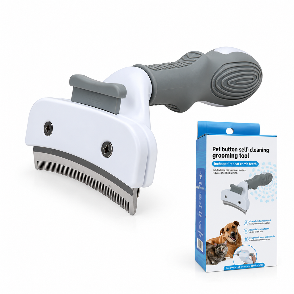 Paweno button self-cleaning pet grooming comb in gray