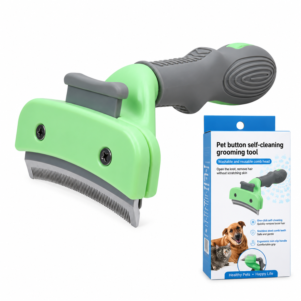 Paweno button self-cleaning pet grooming comb in green