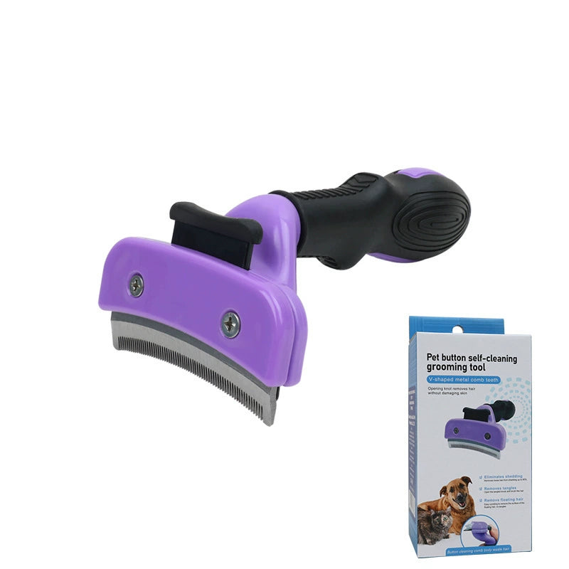 Paweno button self-cleaning pet grooming comb in purple