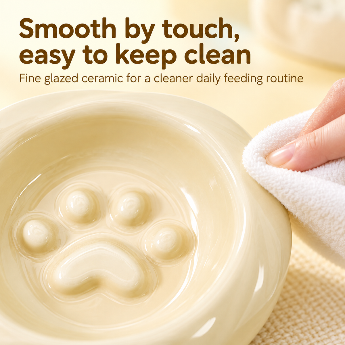Smooth glazed ceramic slow feeder bowl being cleaned