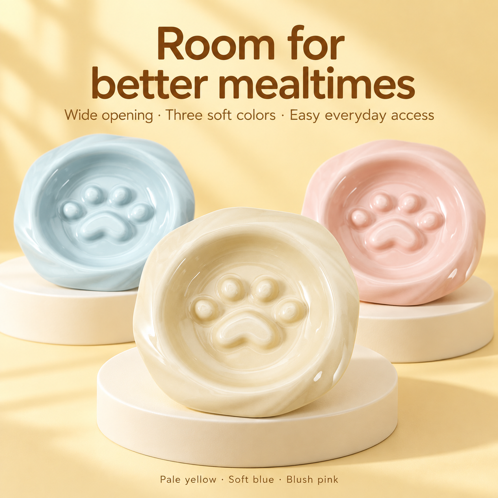 Pale yellow, soft blue, and blush pink ceramic slow feeder bowls