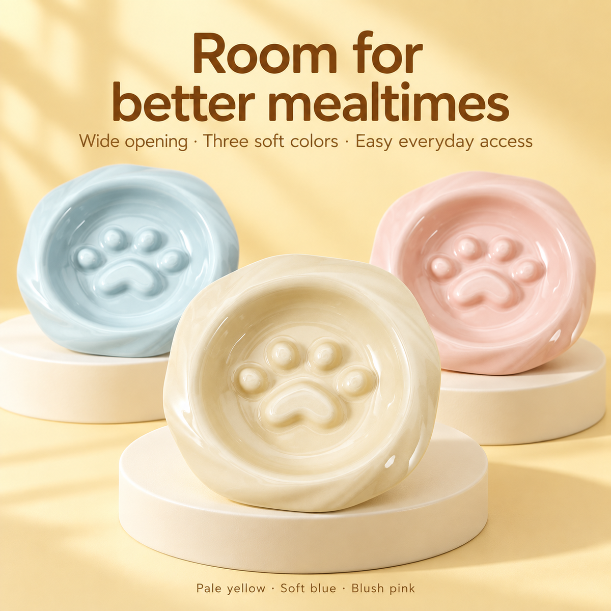Pale yellow, soft blue, and blush pink ceramic slow feeder bowls