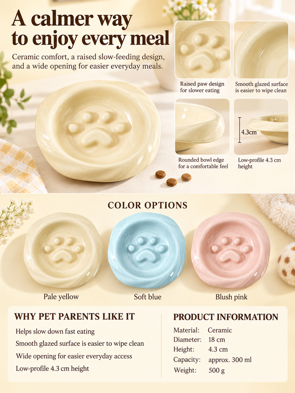 Ceramic paw slow feeder bowl details, size, and color options