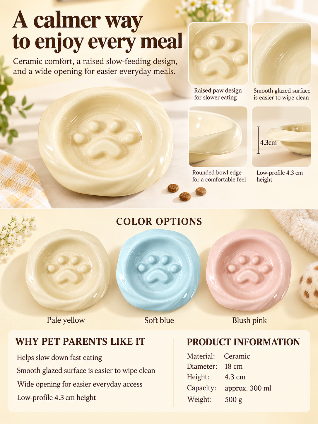 Ceramic paw slow feeder bowl details, size, and color options