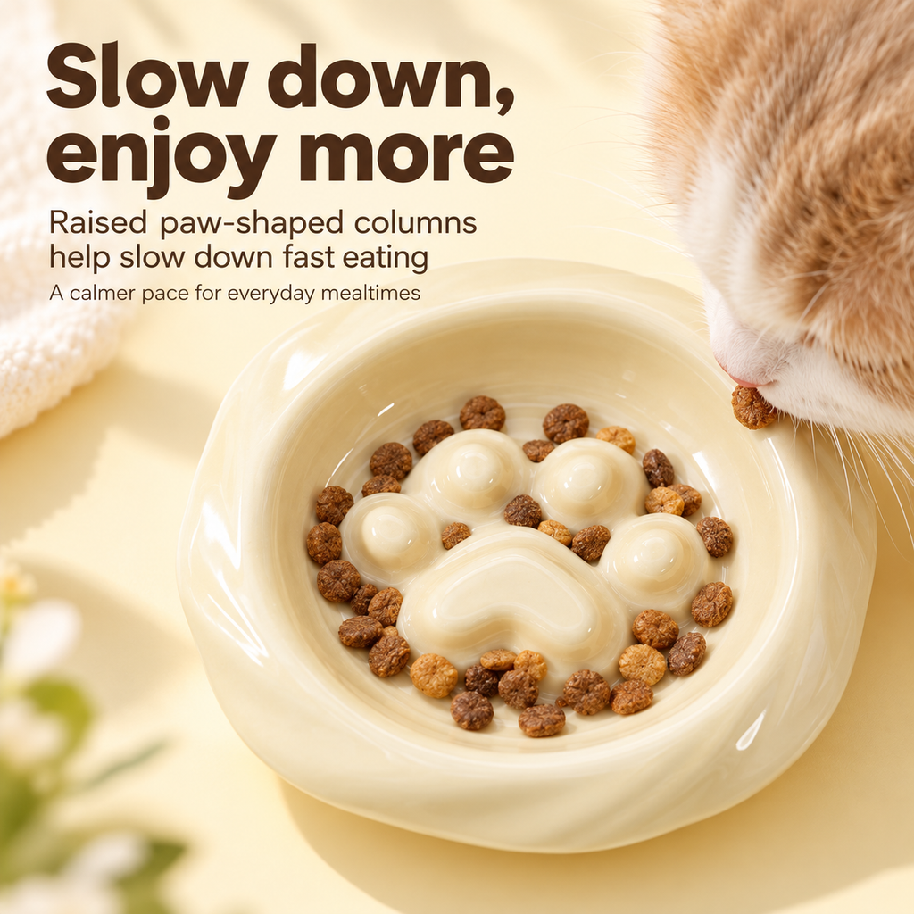 Ceramic slow feeder bowl with raised paw-shaped columns