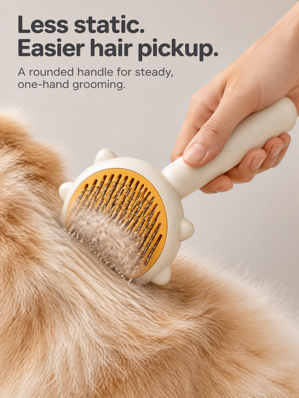 Rounded handle supports steady one-hand grooming