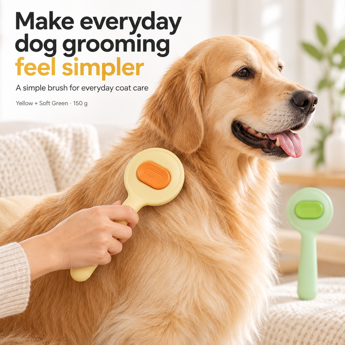 Paweno yellow pet grooming brush used for everyday dog coat care