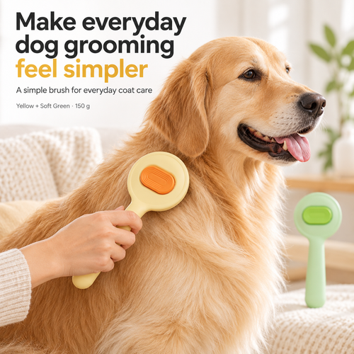 Paweno yellow pet grooming brush used for everyday dog coat care