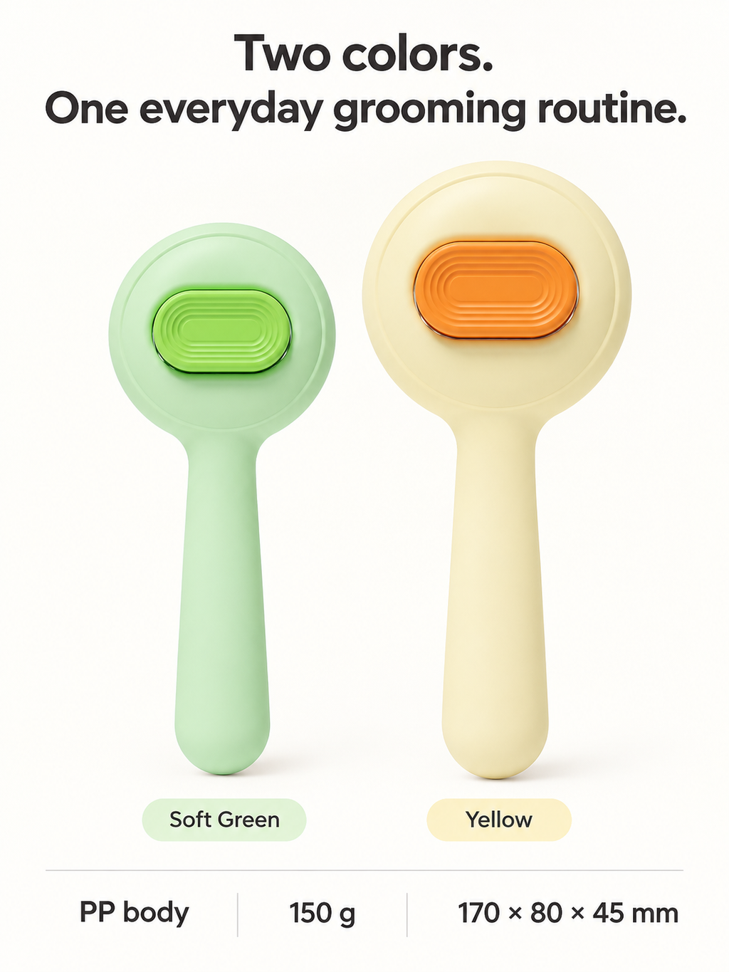 Paweno pet grooming brush style detail in yellow and soft green with PP body and dimensions