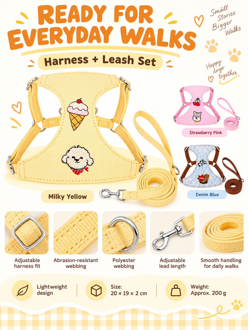 Paweno harness and leash set color options and polyester webbing details