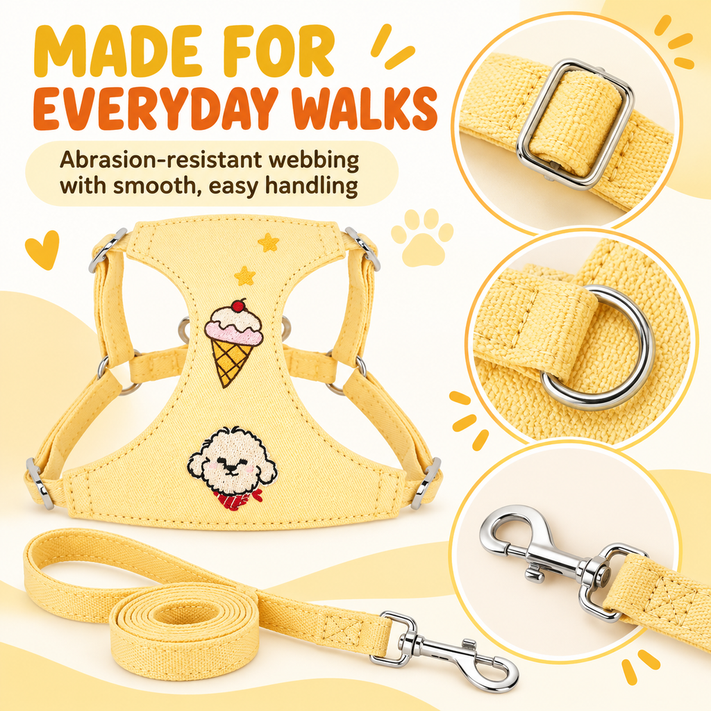 Paweno harness and leash set with webbing, rings, buckles, and clip details