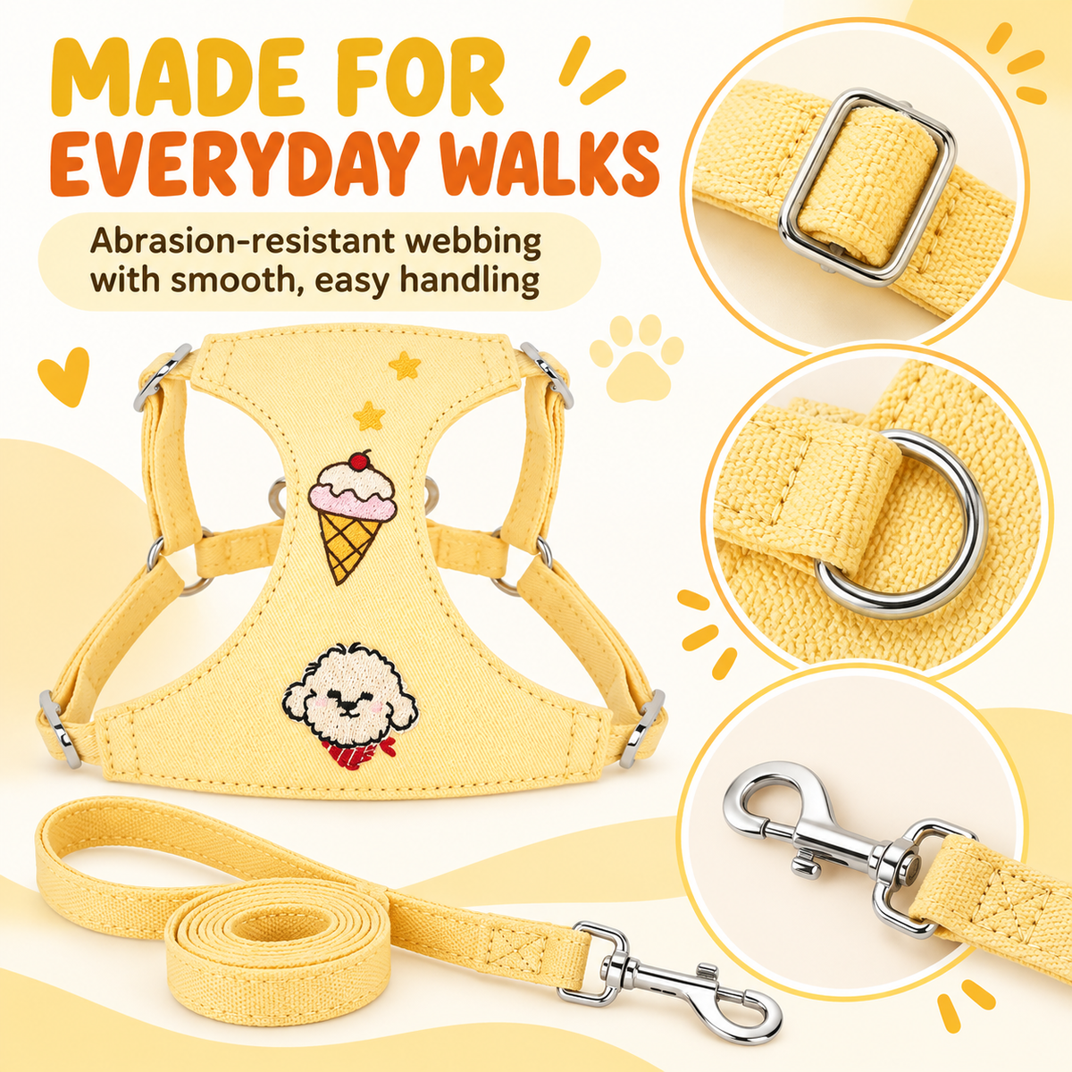 Paweno harness and leash set with webbing, rings, buckles, and clip details