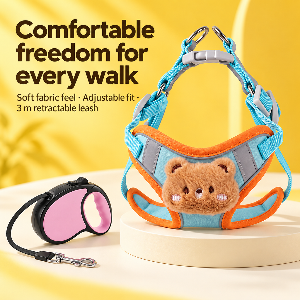 Blue and orange soft comfort dog harness with retractable leash