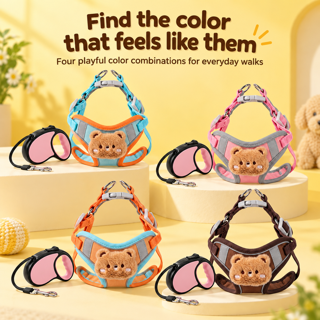 Four color combinations of the dog harness and retractable leash set