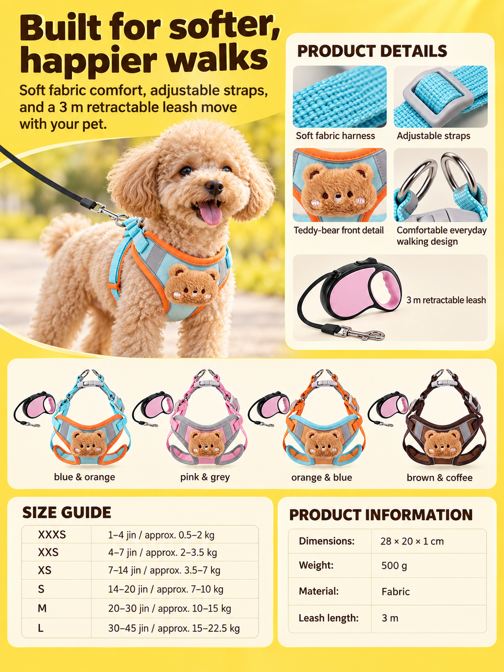 Dog harness and leash set size guide and product details