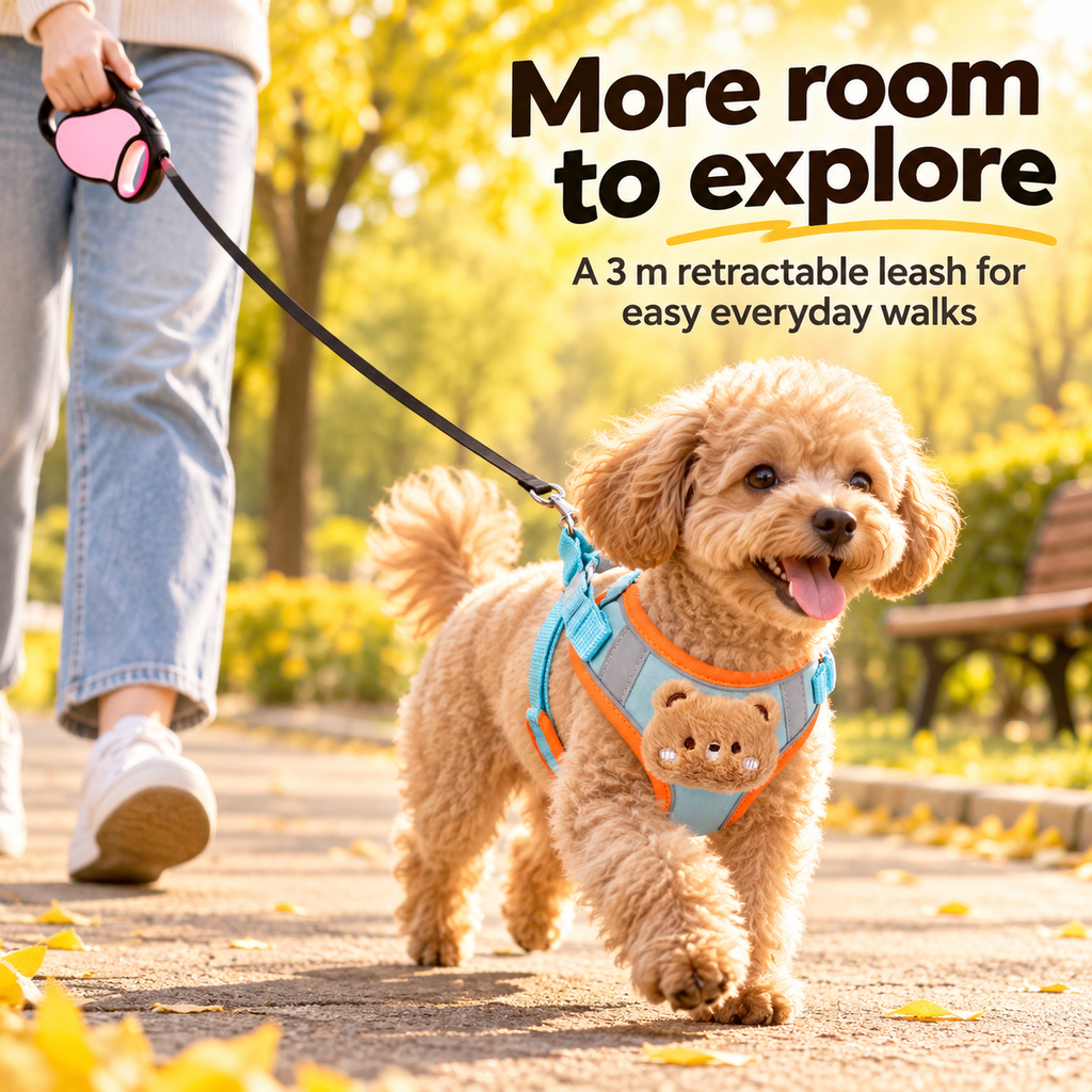 Dog wearing a blue and orange harness and retractable leash on a walk