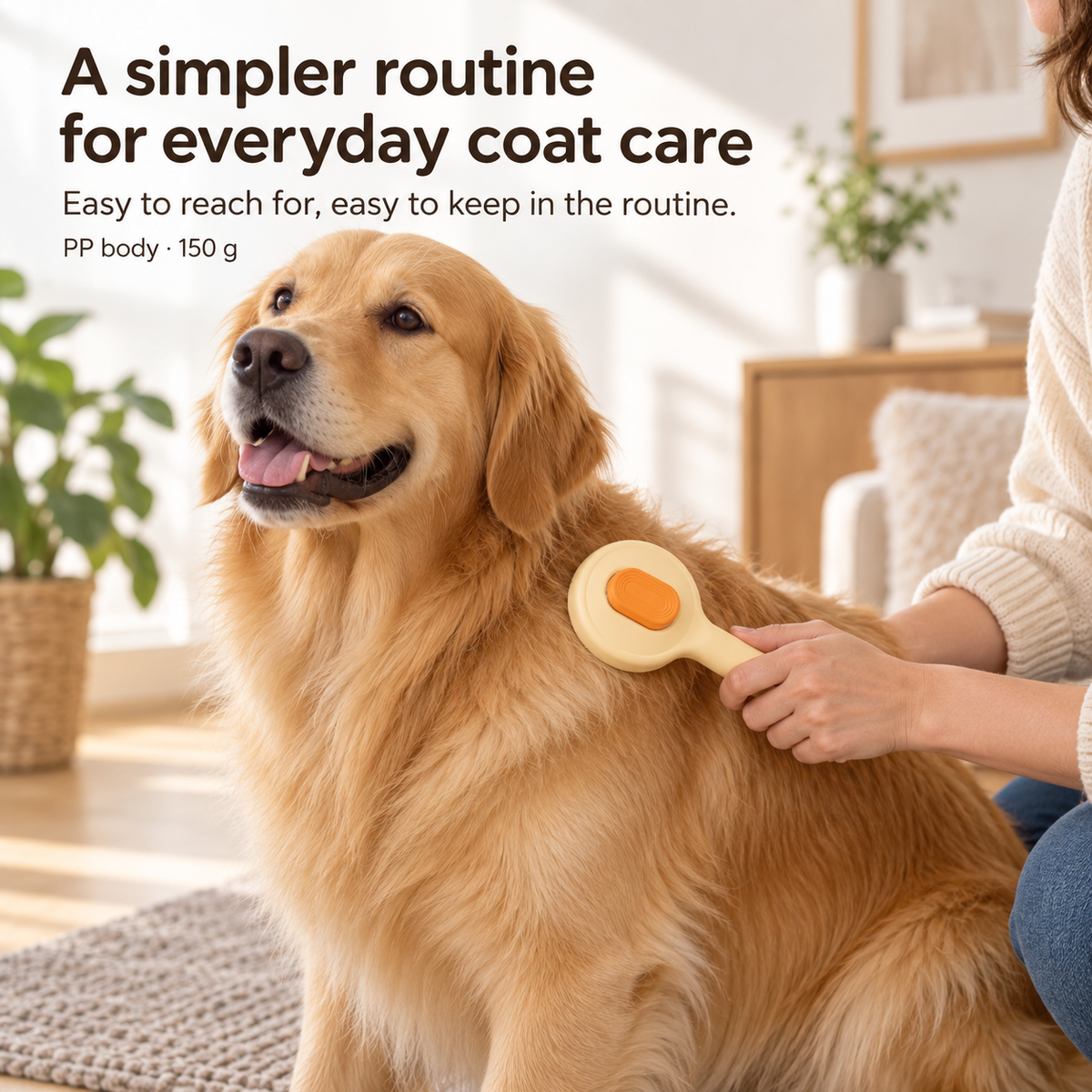 Paweno yellow pet grooming brush used on a dog