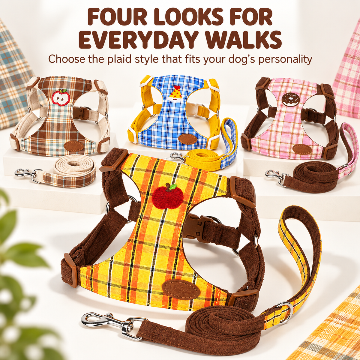 Plaid harness and leash set color options