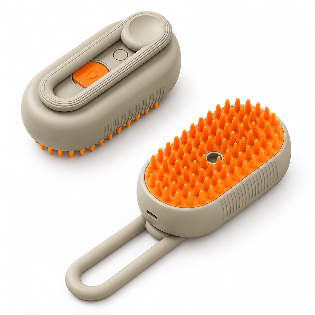 Khaki rotating handle pet grooming brush with orange silicone bristles