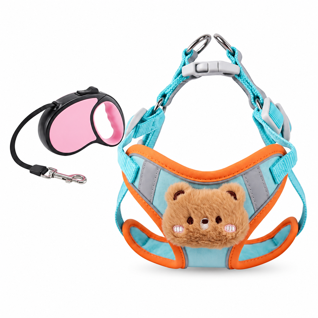 Blue and orange teddy bear dog harness with soft padded chest panel