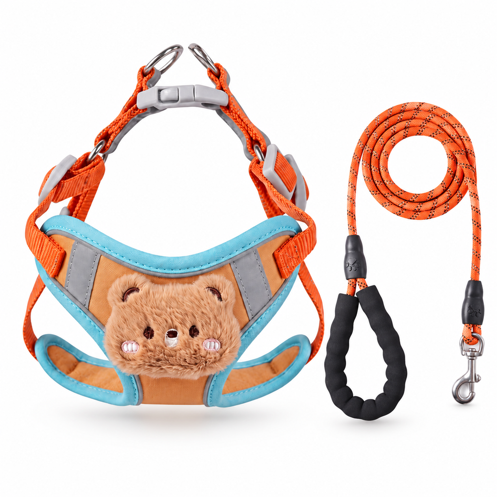 Orange teddy bear dog harness and matching reflective leash set