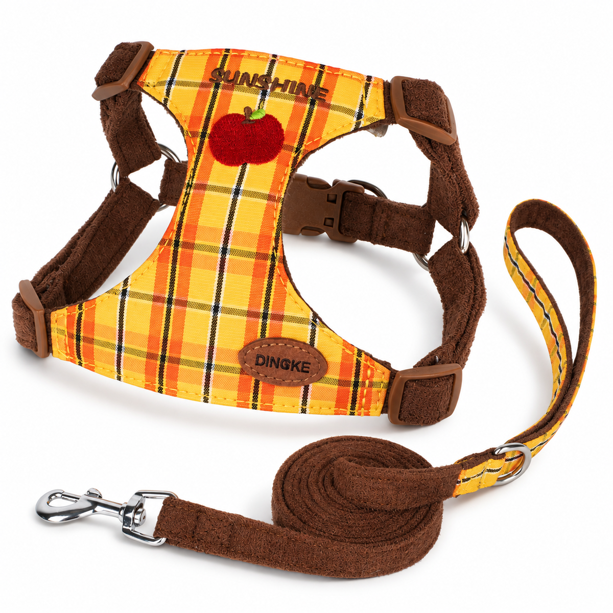 Yellow plaid adjustable dog harness and leash set
